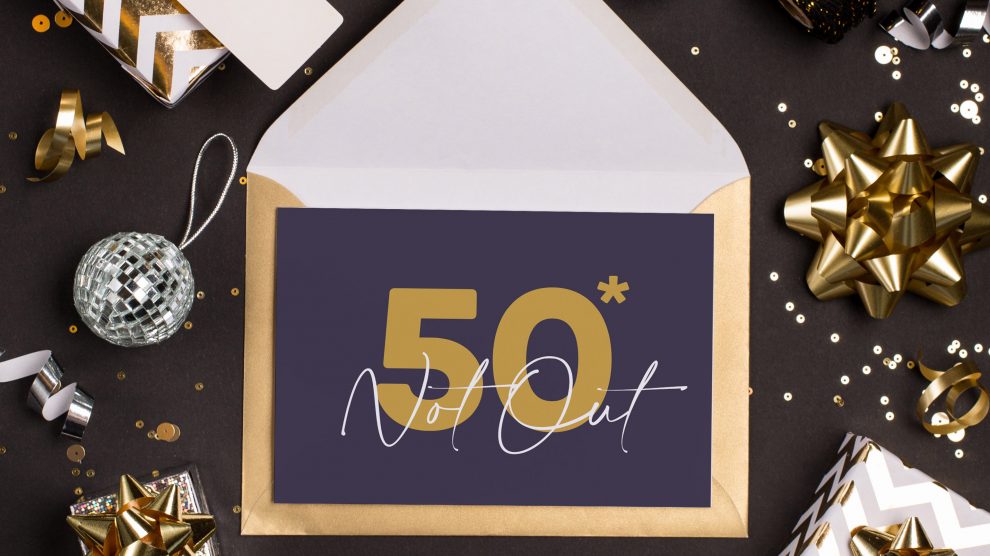 50th ’50 not out’ purple + gold
